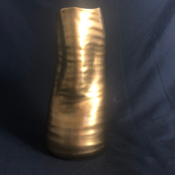 Vintage Modernist Studio Art Hand Made Vase Metallic Gold Amorphic 8 3/4" - Picture 1 of 7